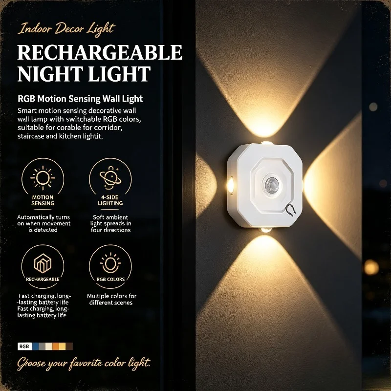 Rechargeable Night Light Indoor Decorative Wall Light Motion Sensing Light RGB Suitable for Corridor Staircase Kitchen Lighting
