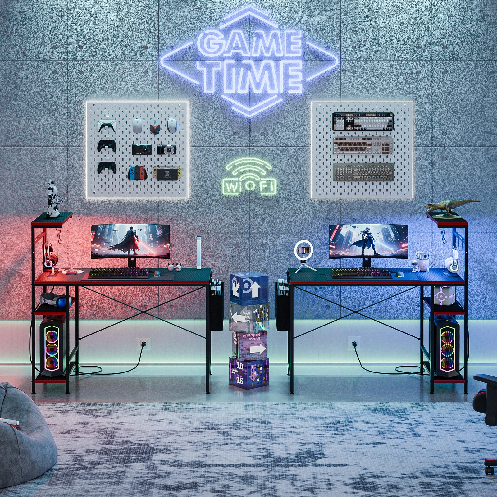 โต๊ะคอมพิวเตอร์ โต๊ะเกมมิ่งขนาด 44 นิ้ว พร้อมไฟ RGB และปลั๊กไฟ สำหรับโฮมออฟฟิศ สีดำ