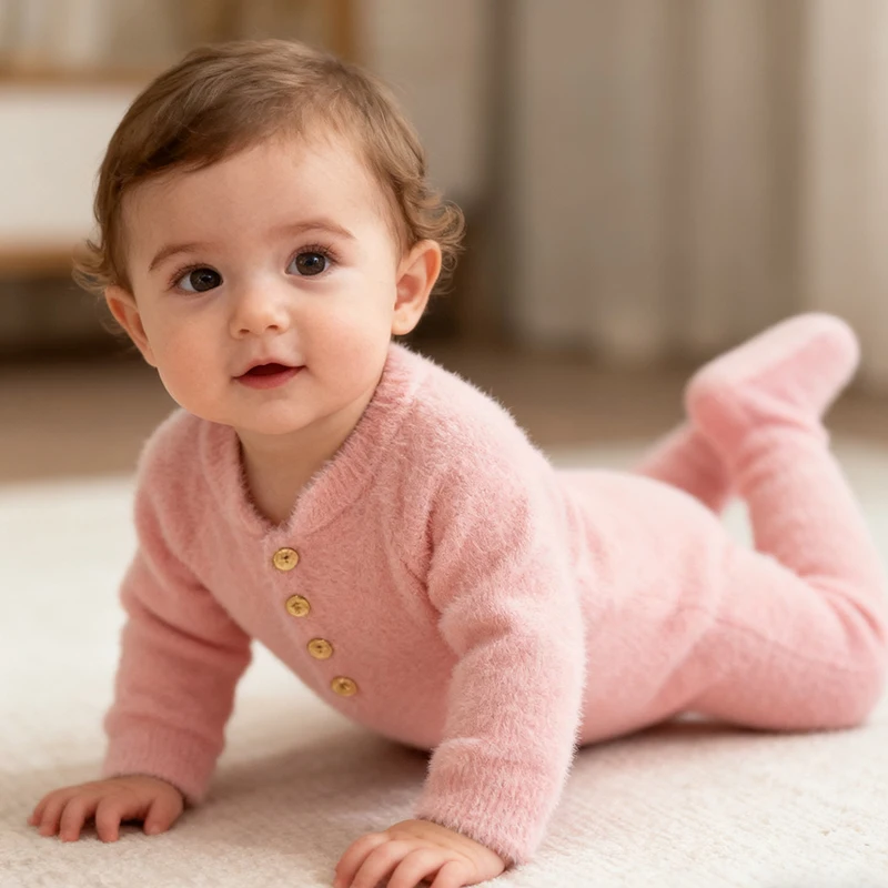 جديد ربيع 2026 بدلة قفز للأطفال الأولاد والبنات + قبعة مخملية بلون سادة وأكمام طويلة رومبير للأطفال الصغار 0-24 متر ملابس أطفال #1