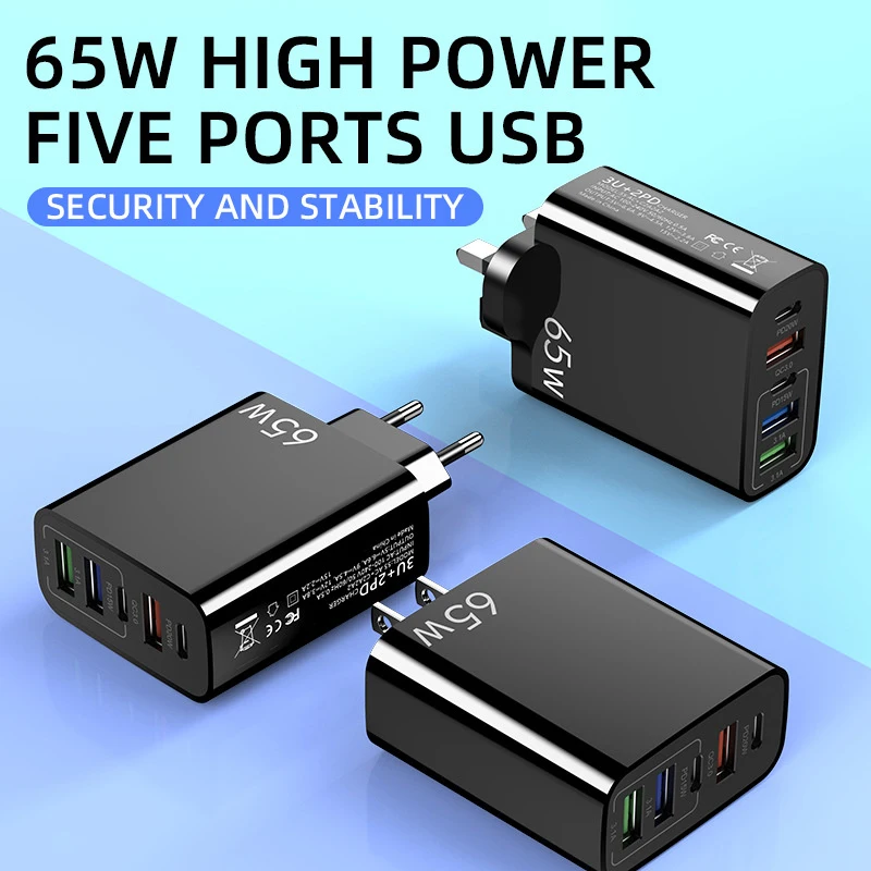 65W Mobile Phone Charger Fast Charge 3USB&PD20W Type-c Port Travel Multi-function Charger For US EU Uk Suitable For Iphone