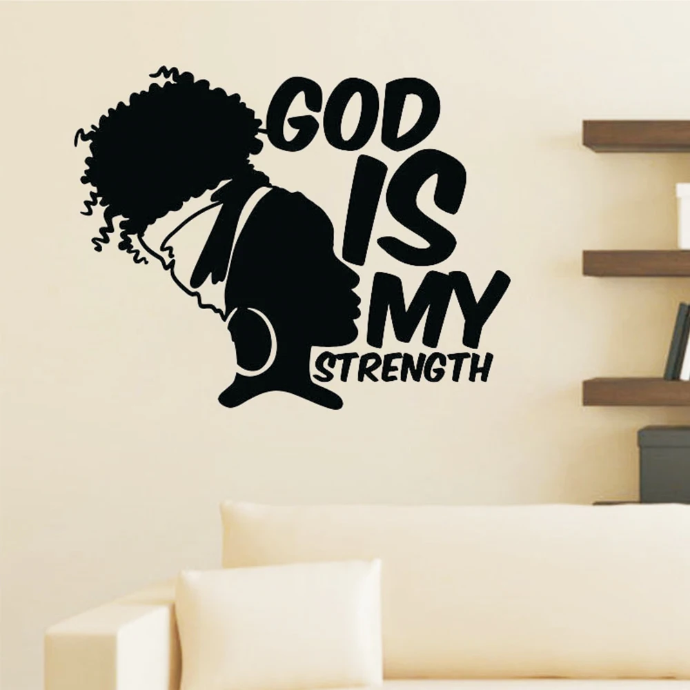 African Girl Wall Decal God Is My Strength Quotes Wall Sticker Africa Woman Bedroom Living Room Home Decor Vinyl Art Murals
