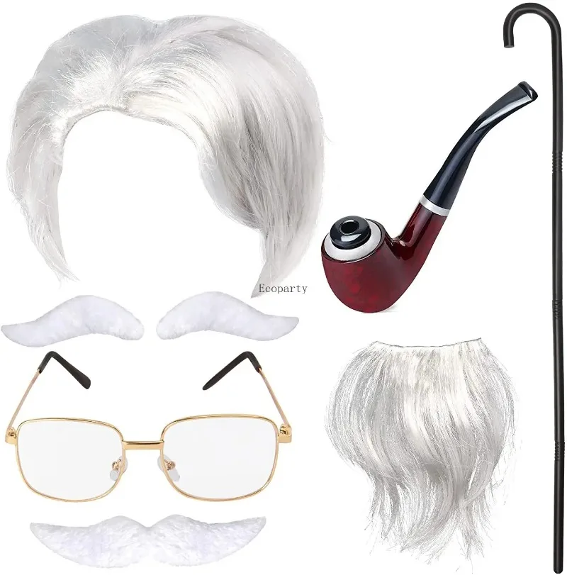 

Old Man Wig and Mustache Set Grandpa Costume Accessories Kit with Grey Wig Fake Beard Eyebrows Cane Glasses for Men Adults Teens