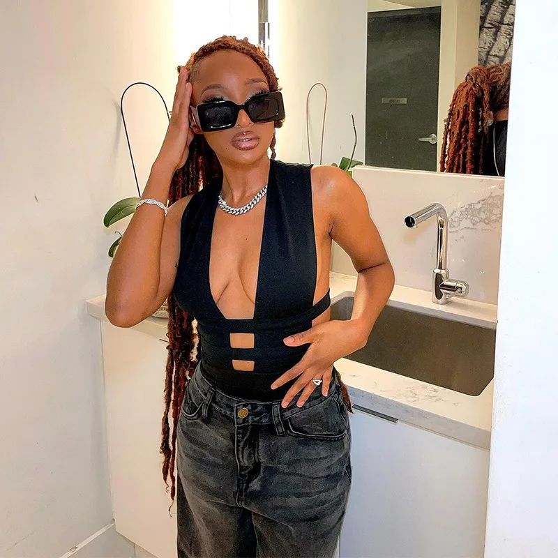 Krisnanas Black Sexy One Piece Jumpsuits for Women 2025 Hollow Out Sleeveless High Waist Simple Bodycon Jumpsuit Female Clothing