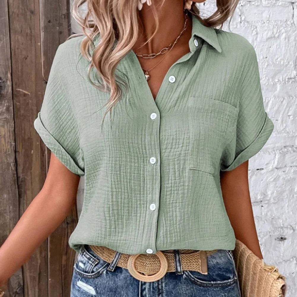 

Женская элегантная хлопковая рубашка, женская повседневная рубашка на пуговицах, женские блузки с короткими рукавами, однотонные топы