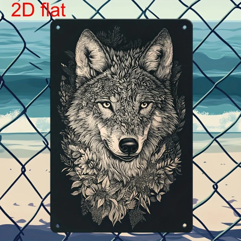 Vintage Metal Wall Art Sign - Wolf Head with Floral Design,  Durable Pre-Drilled for Easy Hanging, Indoor/Outdoor Home Office