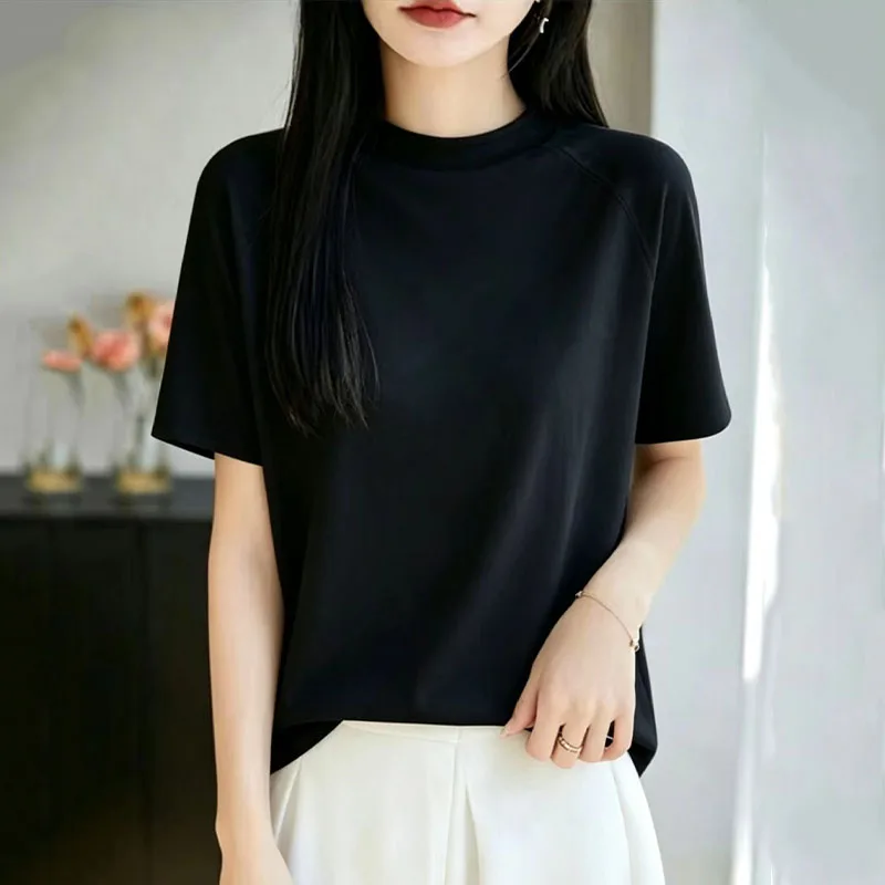 Summer Ice Silk Cool Feeling Solid Color Shoulder Insert Short Sleeve T-Shirt Women's Loose Fit Versatile Slimming Top