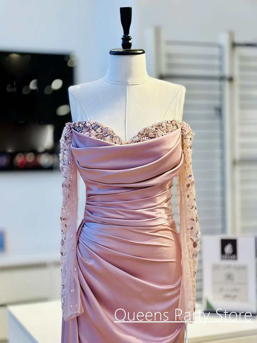 Pink Evening Dress Customized Long Sleeves Sweetheart Beading Sequin Pleat High Slit Satin Mermaid Prom Gown Party Dresses