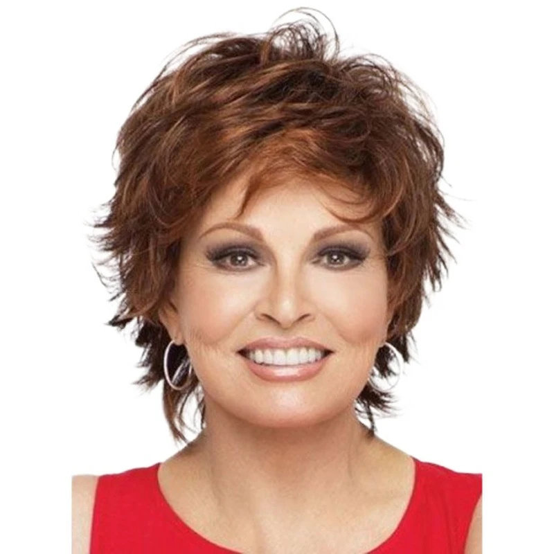 

straight , fluffy bangs, brown-red women's wig, outwardly curled short curly hair
