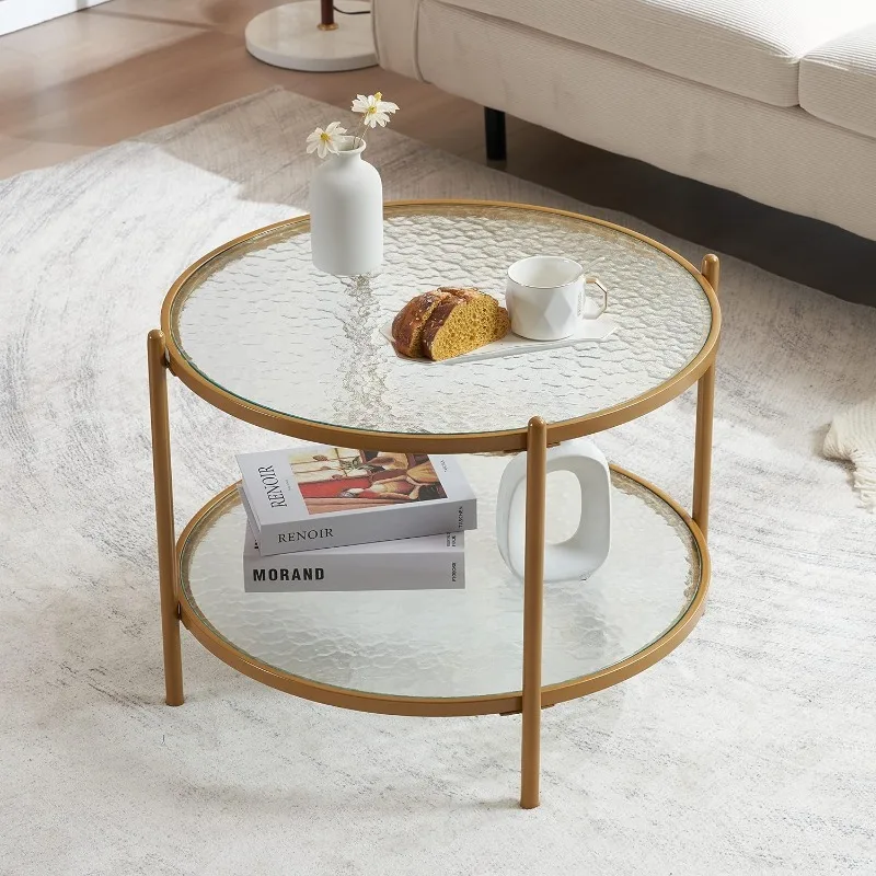 

25.6" Small Matte Gold Round Coffee Table Water-Wave Glass Circle Clear Coffee Table, Center Table with 2-Tier Modern Storage