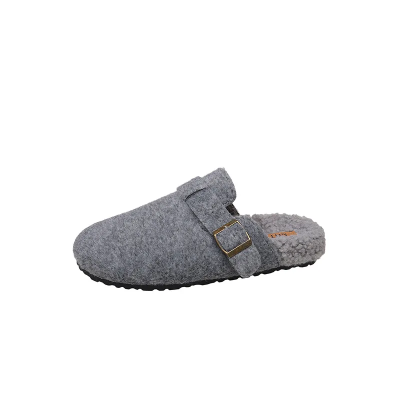 2025 المرأة الشتاء البغل النعال موضة ورأى الجلد المدبوغ الصوف نعال من القطن مع مشبك قابل للتعديل سيدة منزل نعال مسطحة