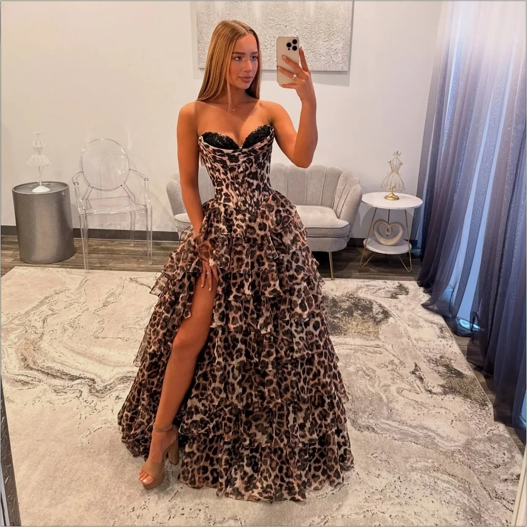 

Customized Leopard Print Strapless Black Trim Prom Dress Ruffled Tiered Skirt High Slit Floor-Length Formal Evening 2026