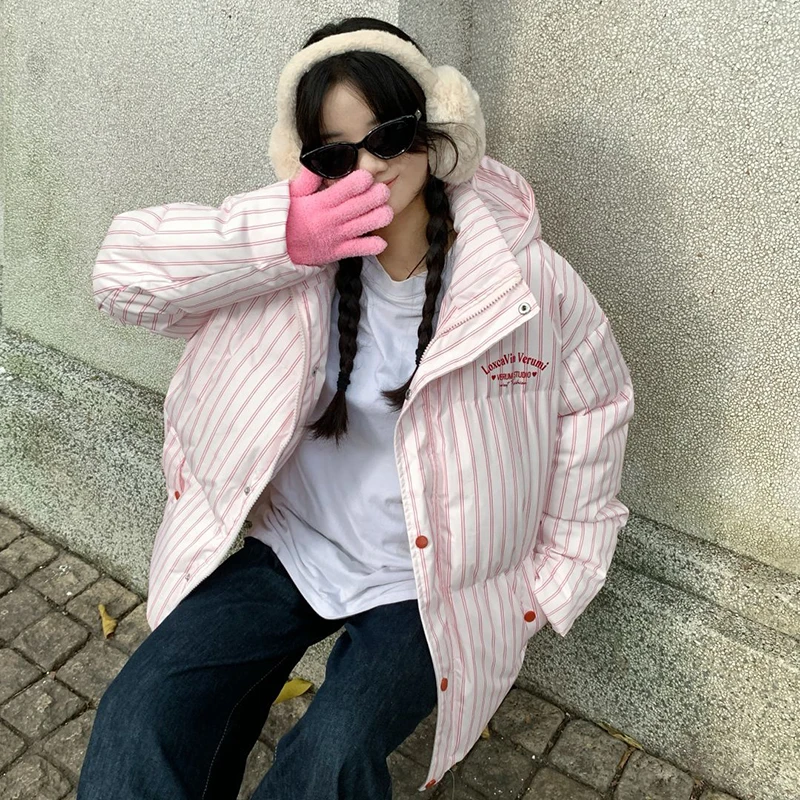 معطف مخطط دافئ بقلنسوة 2025 موضة جديدة معطف نسائي مبطن من القطن معطف شتوي فضفاض غير رسمي للنساء من القطن H763 #3