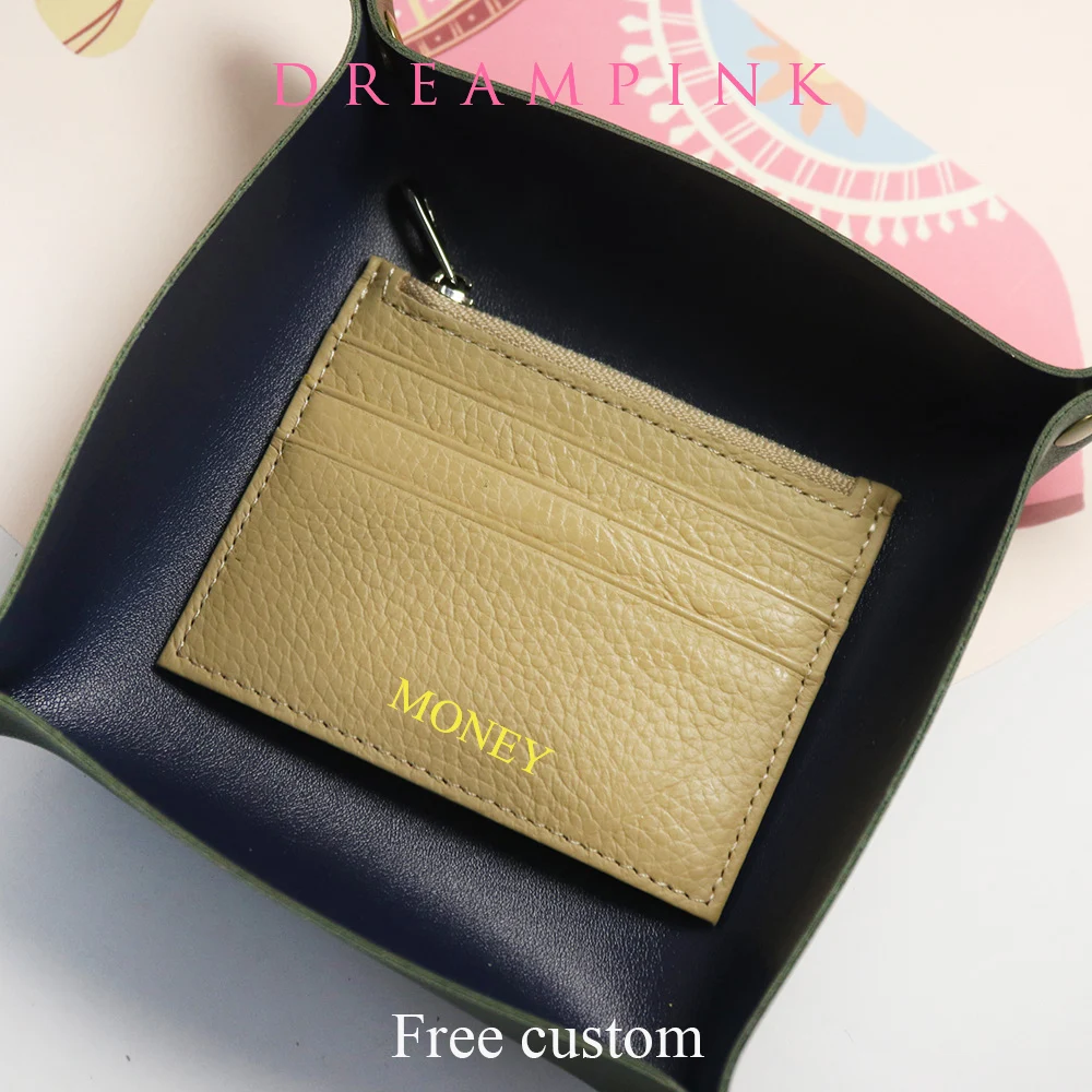 Engrave Letters Leather Card Holder DIY Custom Name Gift Genuine Leather Business Cardholder Mini Zip Slim Card Wallet
