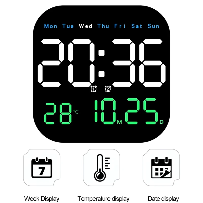 Digital LED Wall Clock With Remote Control Temperature Time Week Date Display Fashion Living Room Desktop Alarm Clock