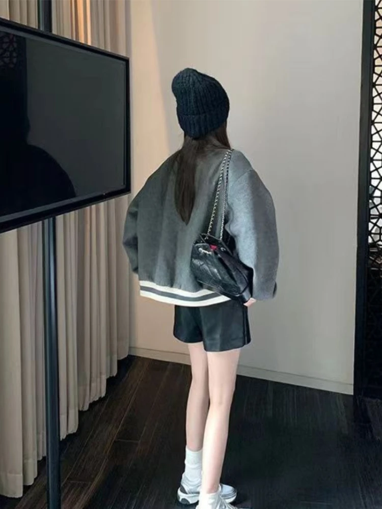 

​ Корейское бейсбольное пальто для колледжа, серая шерстяная куртка большого размера с цветными блоками, легкое короткое пальто для мужчин и женщин ​