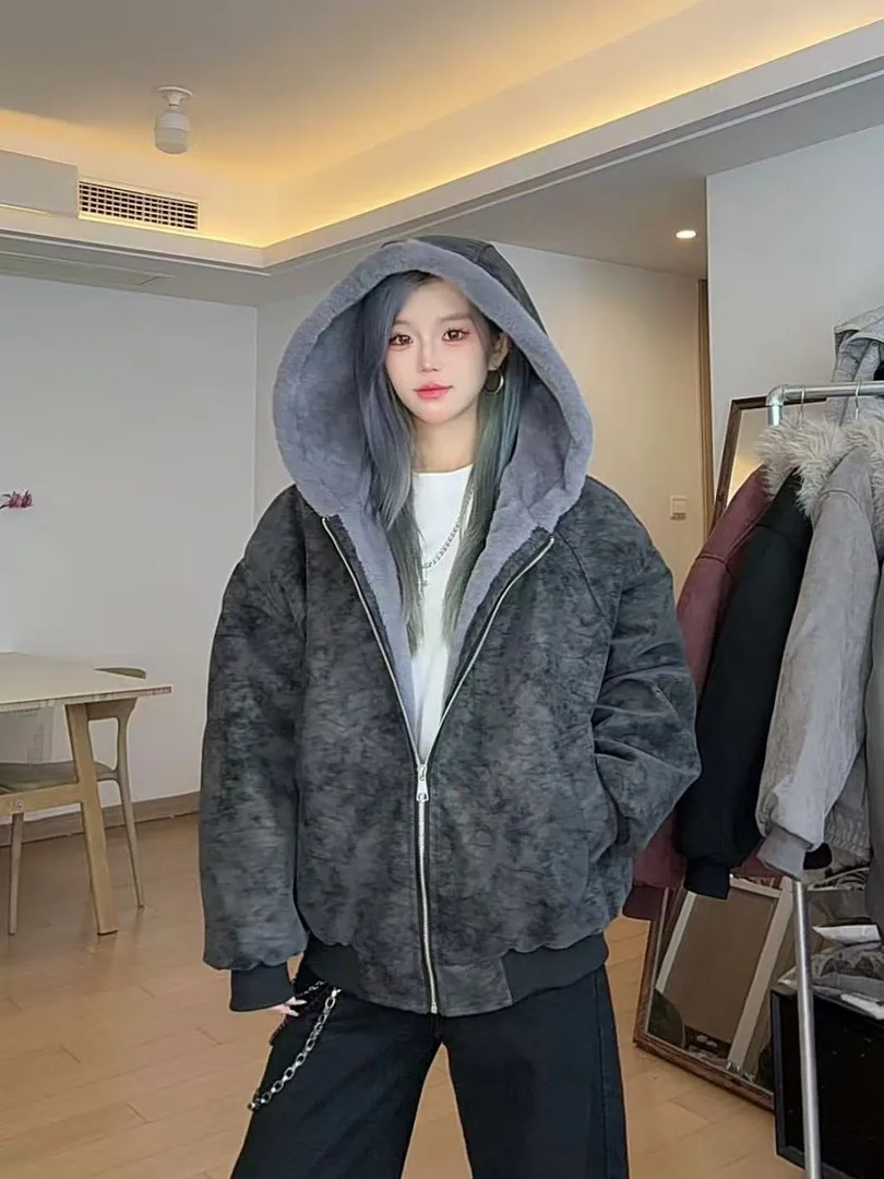 

Bla Hooded Men's And Women's Winter Thiened Fce Lined Leather Jaet Coat with Fur Collar American Sle Cotton Jaet