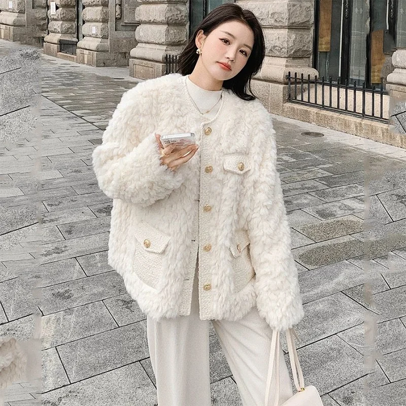 

Осенне-зимнее стеганое пальто с длинными рукавами из искусственного кроличьего меха для женщин, корейская толстая одежда с круглым вырезом, известная в Интернете верхняя одежда, элегантная одежда