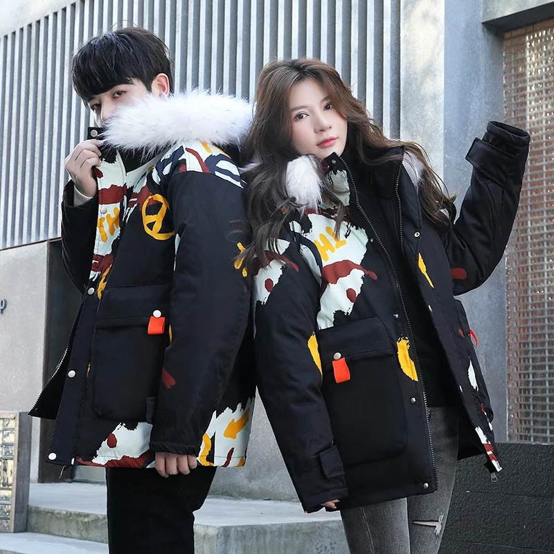 Fashion Cold Autumn Couple Bread Parkas Faux Fur Collar Cotton-Padded Jackets Winter Men's Loose Hooded Coats Outwear Top Cloth