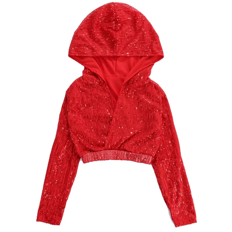 Neue Mädchen Pailletten Crop Hoodies Street Dance Rock Kinder Hip Hop Jazz Hosen Rote Kleidung Sets Kinder Streetwear K-pop kostüme