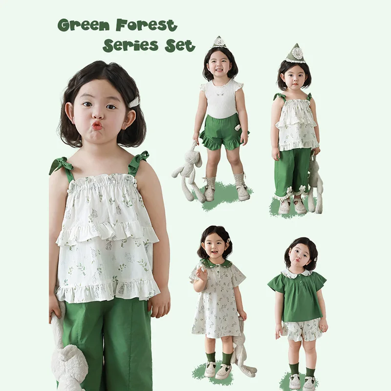 Girls' Fresh Forest Children's Little Flying Sleeve Vest Summer Doll Shirt Pants Baby Skirt Fashion and Beautiful