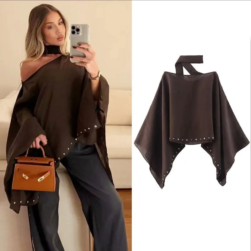 

Женские свободные укороченные куртки-плащики, весна-лето 2024, шикарные топы, женские накидки с заклепками, однотонные женские праздничные повседневные пончо