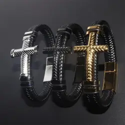 Classic Cross Leather Bracelet for Men Metal Magnetic Clasp Armband Man Bracelet with Cross