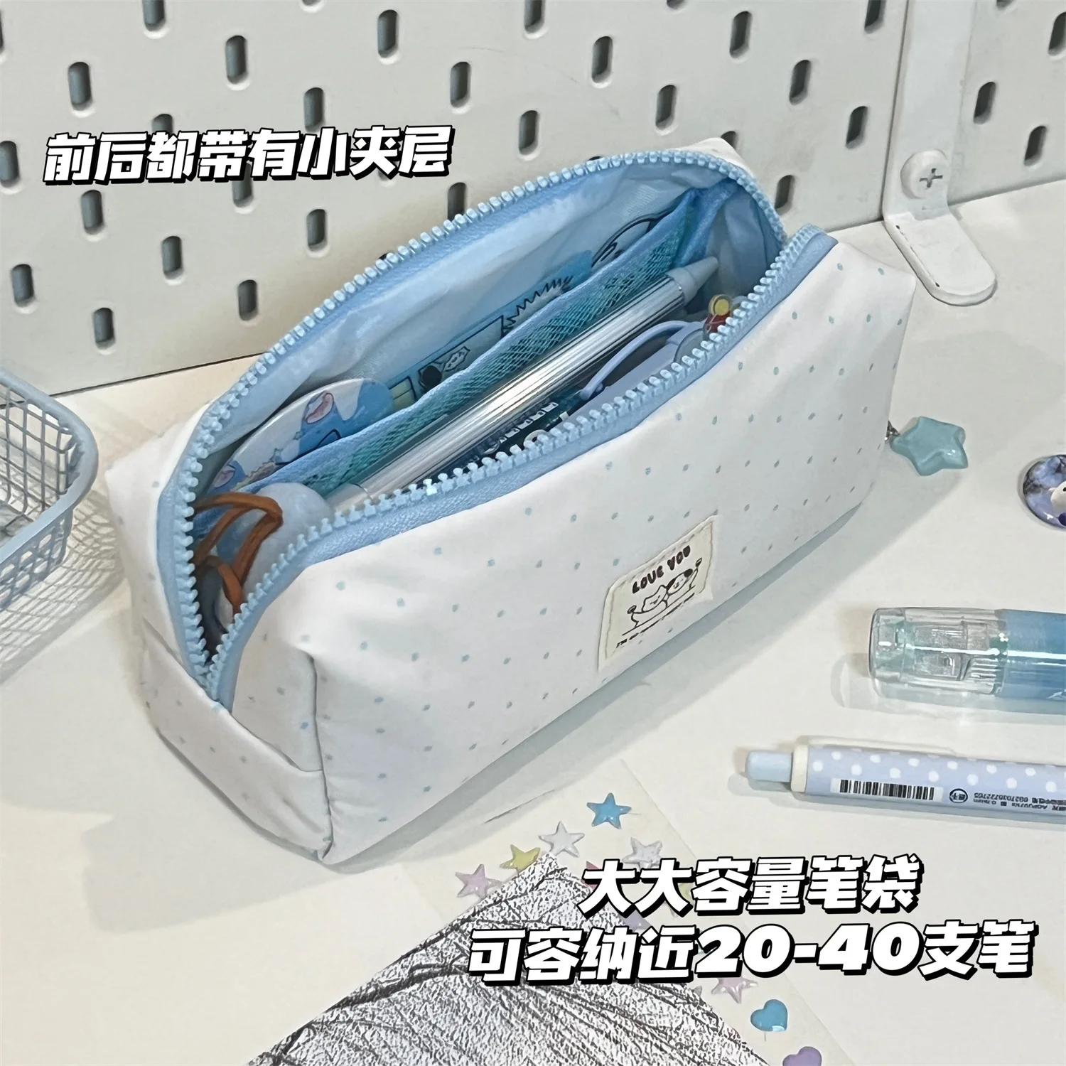 Small Polka Dot Pencil Case, Ins Cute Aesthetic Pencil Bag, Large‑Capacity Stationery Storage Pouch for Girl Students