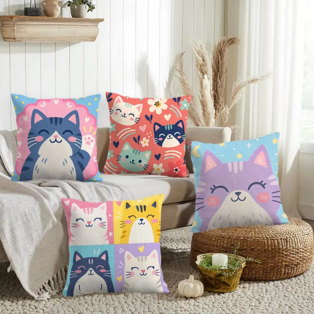 Cute Cat Faces Cushion Cover Silky Short Plush Invisible Zipper Dustproof Sofa Pillow Case for Home Decor