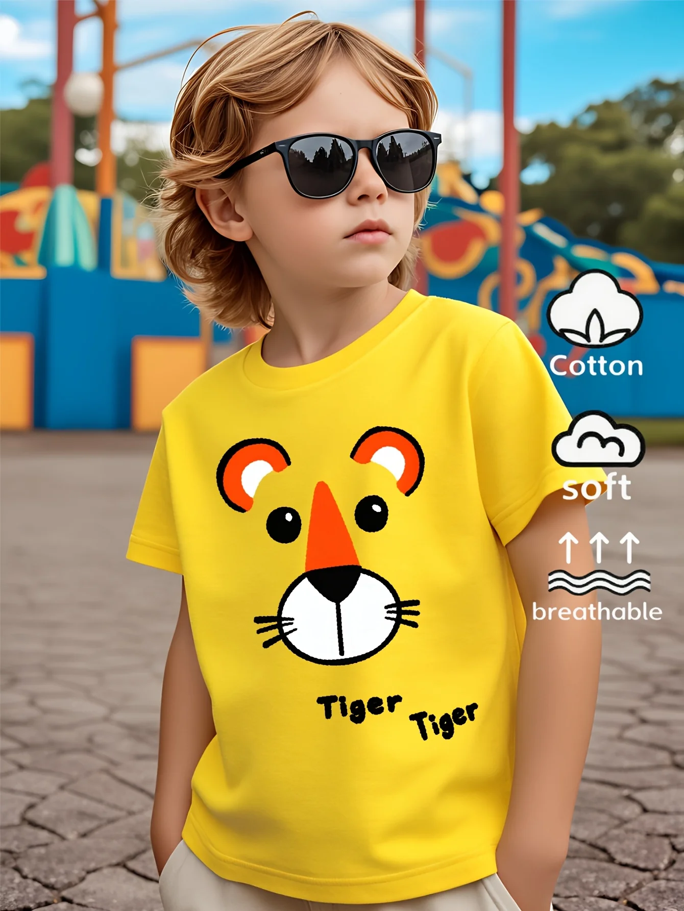 Children's Cute Tiger Head Pattern Printed Design Summer Street Round Neck Short T-shirt Casual Soft and Comfortable