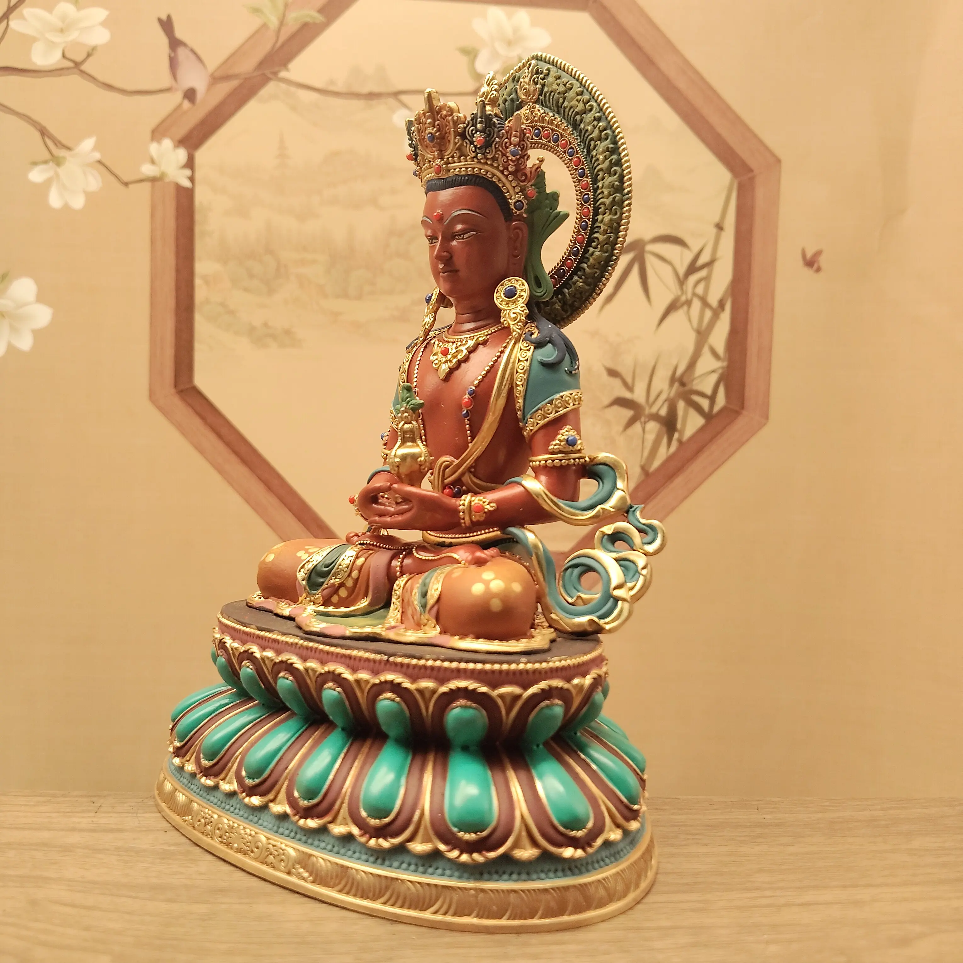 Tibetan Buddhist Copper Painted Amitayus Buddha Statue 15cm Home Office Career Blessing Gift