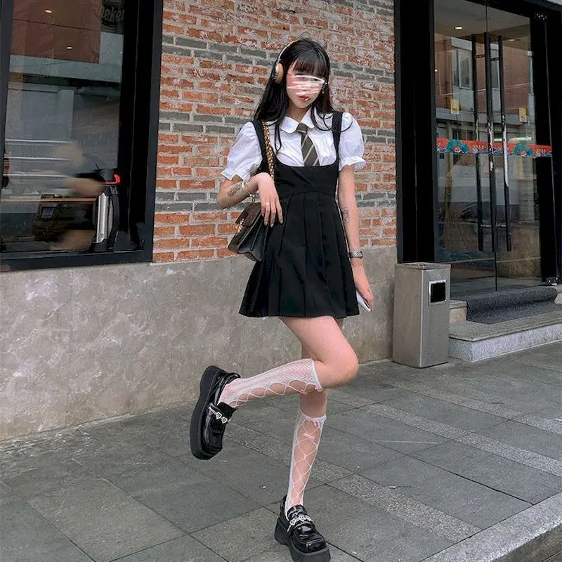 Waitress Work Clothes Black Dress Strap Dress Women Summer Hot Girl Jk Uniform Sling Pleated Skirt Puff Sleeve Shirt Two-piece