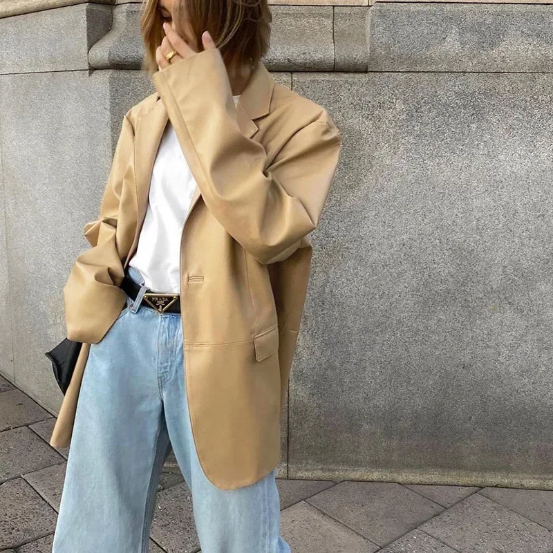 Autumn and Winter 2021 New Women's Long-sleeved Temperament Trend Solid Color Lapel Single-breasted Loose-fitting Glossy Jacket