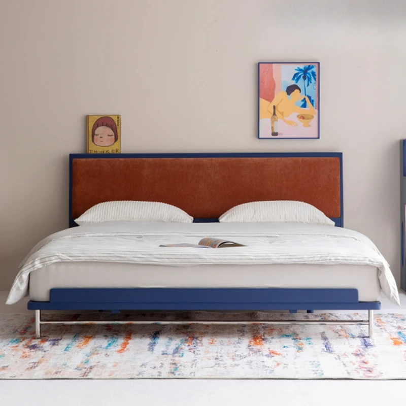 

Dark blue double bed solid wood Nordic soft bag 304 stainless steel