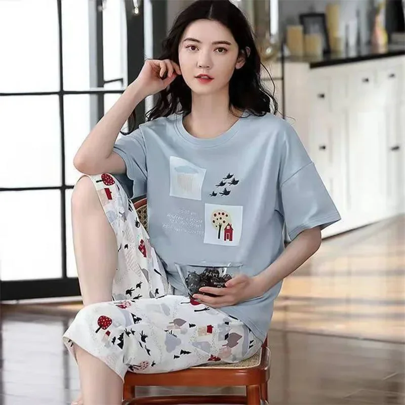 Summer Women Pajama Sets Cartoon Print Sleepwear Short Sleeve+Pants 2Pcs Suit Loungewear Casual Home Clothing Female Homewear