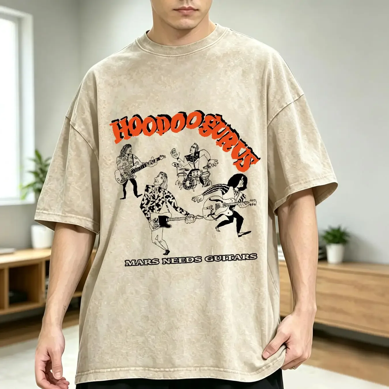 washed T Shirt Rare Hoodoo Gurus Mars Needs Guitars 1985 White S to 5XL Fans TM793 vintage Washed Comfortable Casual