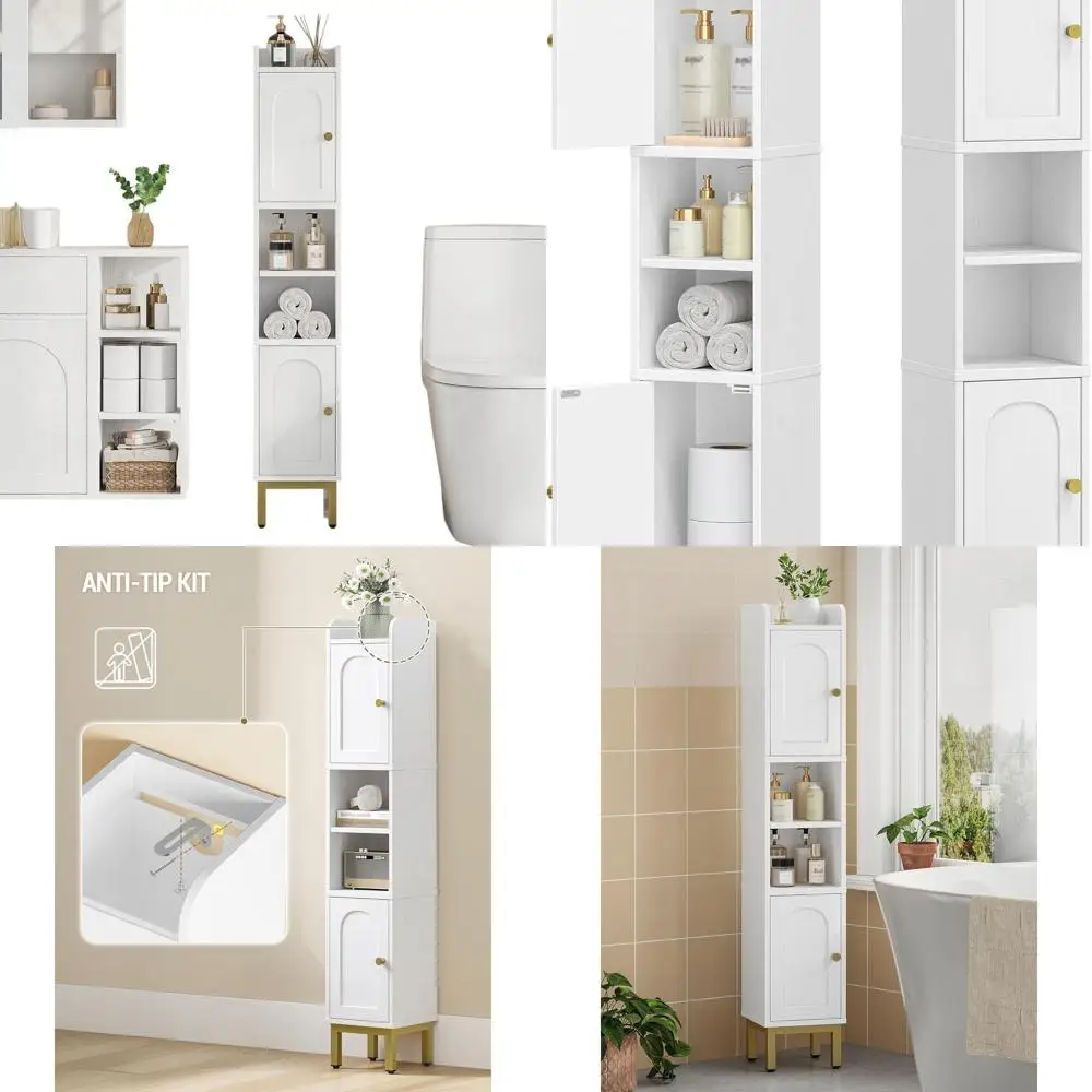 

Narrow Bathroom Storage Cabinet, Bathroom Organizers and Storage with 2 Doors, Open Space，Adjustable Shelf, Laundry Room Organiz