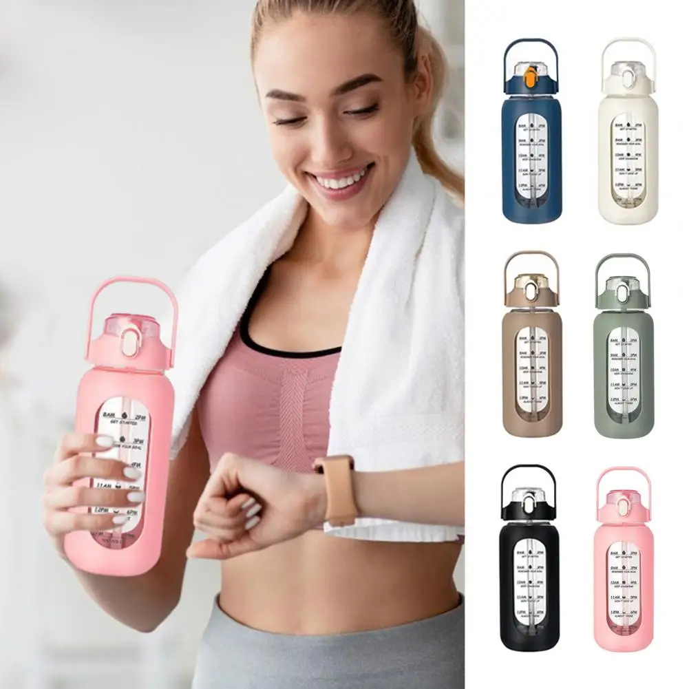 Large Capacity Motivational Water Bottle with Time Marker Water Container Wide Mouth Leakproof Sports Water Bottle with Handle