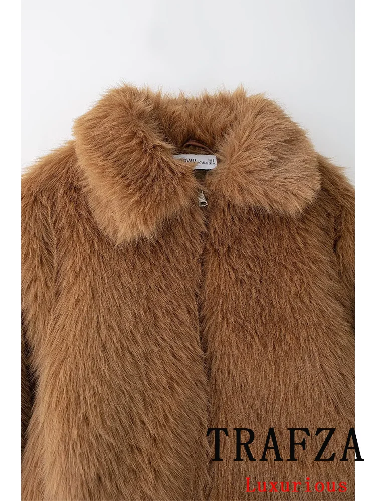 TRAFZA Vintage Casual Hairy Women Jackets Solid Turn-down Collar Long Sleeve Warm Coat New Fashion 2024 Autumn Winter Outwear