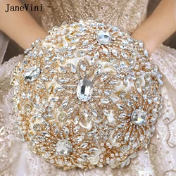 JaneVini Bling Gold strass Bouquet da sposa avorio Luxury Full Diamond Artificial Satin Roses Jewelry Bouquet da sposa fiori