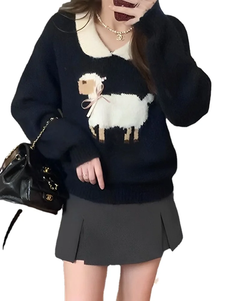 

Polo Collar Long Sleeve Knit Sweater Women 2023 New Soft Sweater Loose Top Women + Suit Short Skirt Women Set