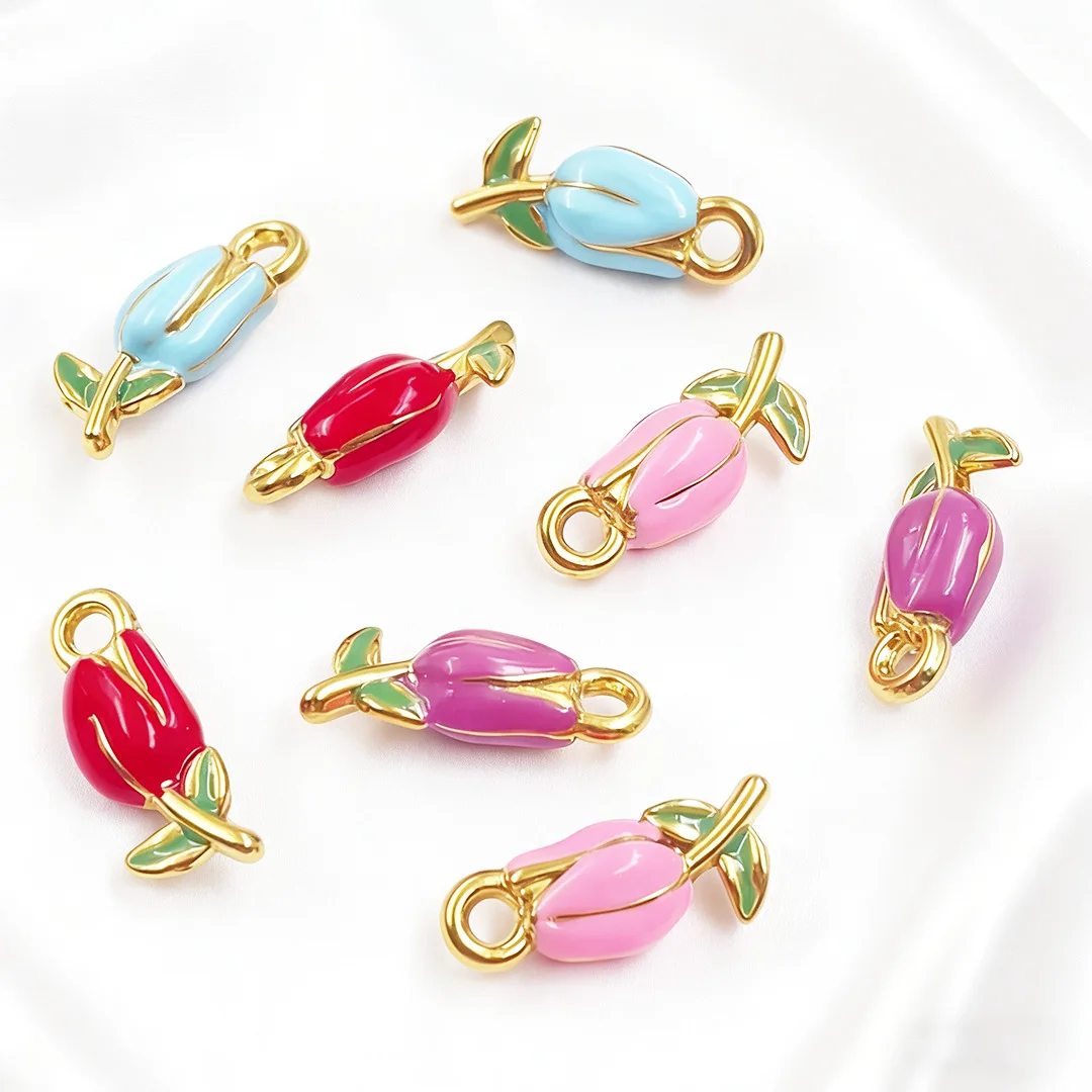 

4Pcs Double sided Oil Drip Fresh Flower Tulip Pendant Titanium Steel Handmade DIY Jewelry Accessories