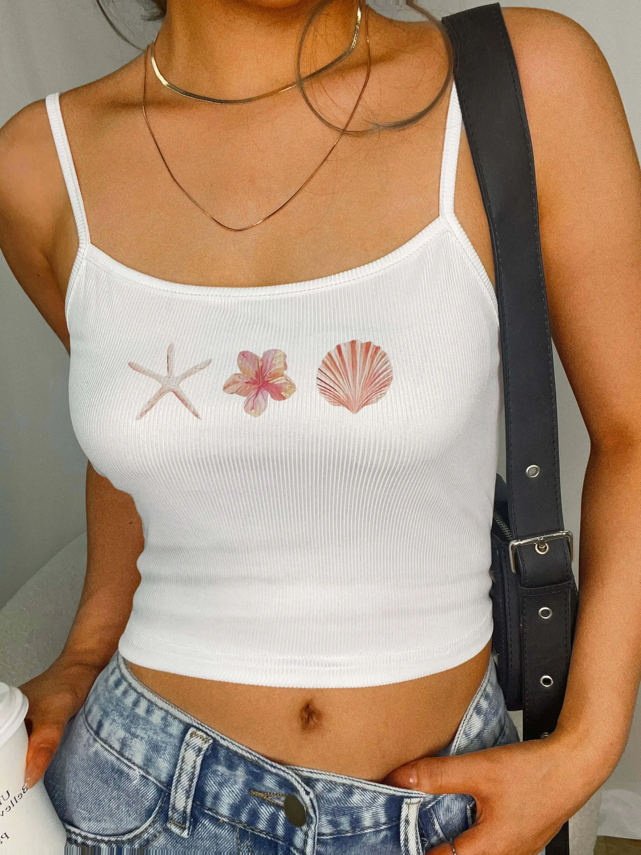 

ZAFUL Women's Casual Fashion Floral Printed Ribbed Knit Spaghetti Strap Cami Tank Top