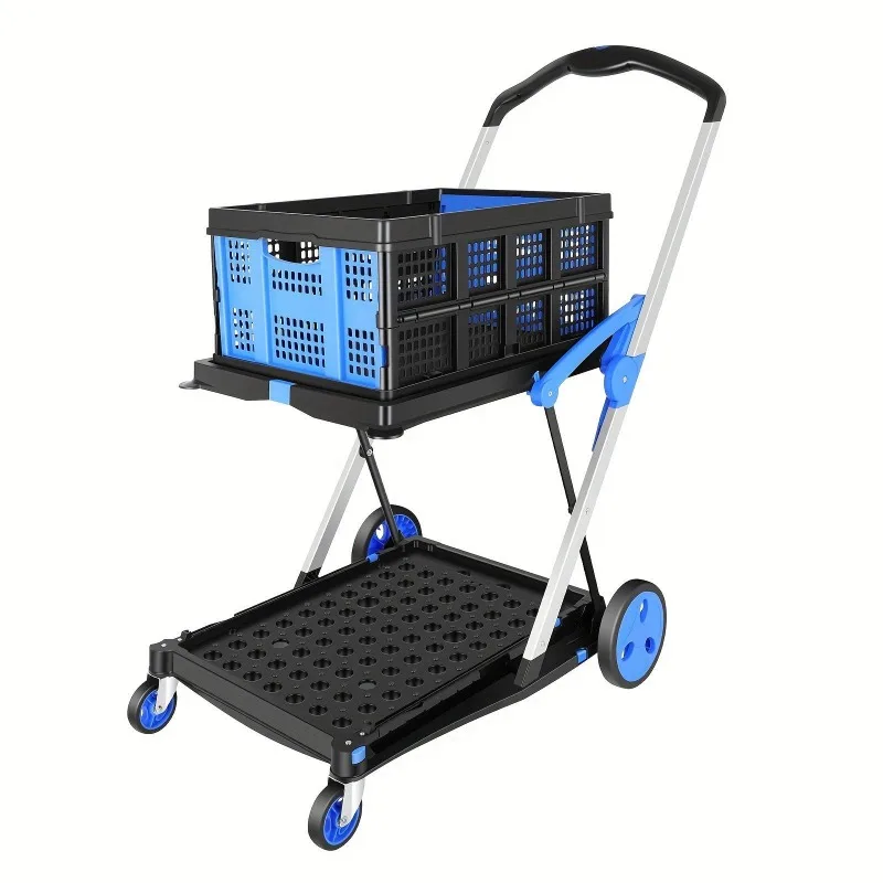 Carrito utilitario de 2 niveles, carrito de compras plegable multifuncional con cestas, organizador de almacenamiento doméstico para el hogar y la compra de comestibles