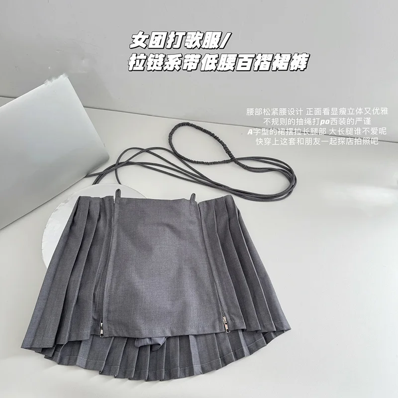 

Women Fashion Solid Color Lace-Up Pleated Front Zipper Mini Skirts Vintage High Waist Female Chic Casual Short Skirt