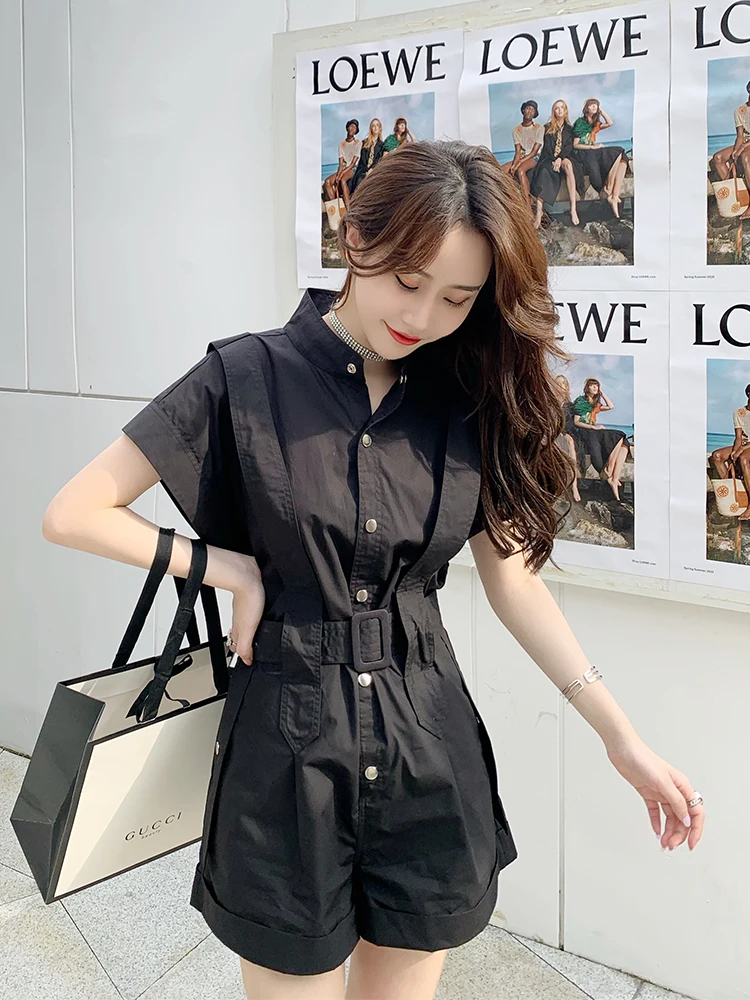 Butterfly Lengan Overall Wanita Musim Panas Korea Berdiri Kerah Sabuk Slim Pendek Lebar Kaki Gaya Safari Padat Baju Monyet pakaian Bermain