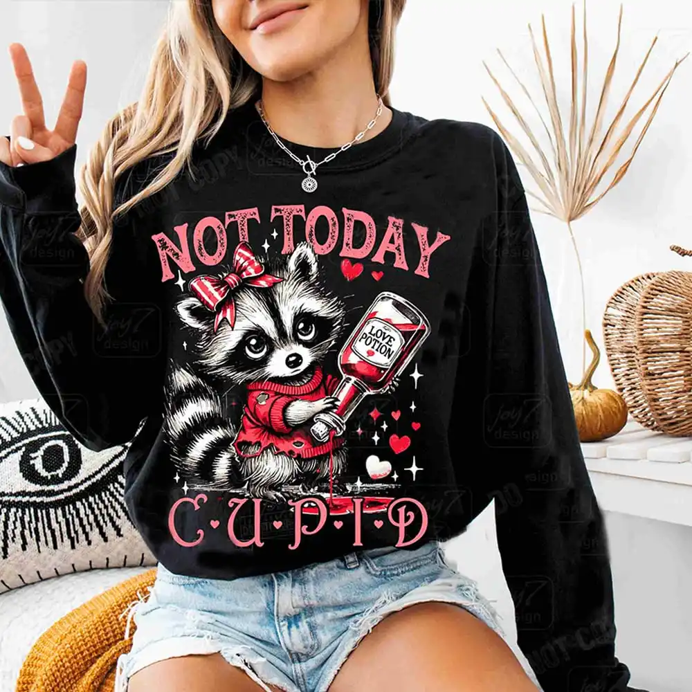 Not Today Cupid Funny Raccoon Valentines Day Cute Animal Sarcastic Valentines Casual Roundneck Fleece Sweatshirt Y2K Streetwear