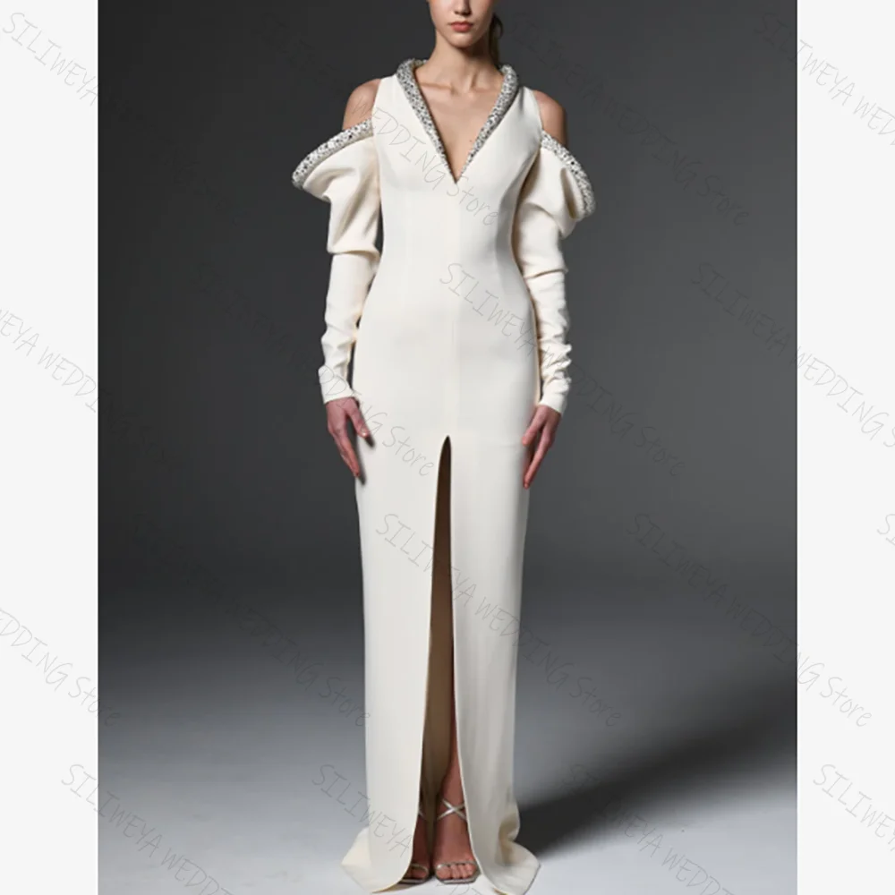 

Fashion White V Neck Chic Prom Dresses Elegant Sleeveless A-Line Floor-Length Female Party Evening Gown