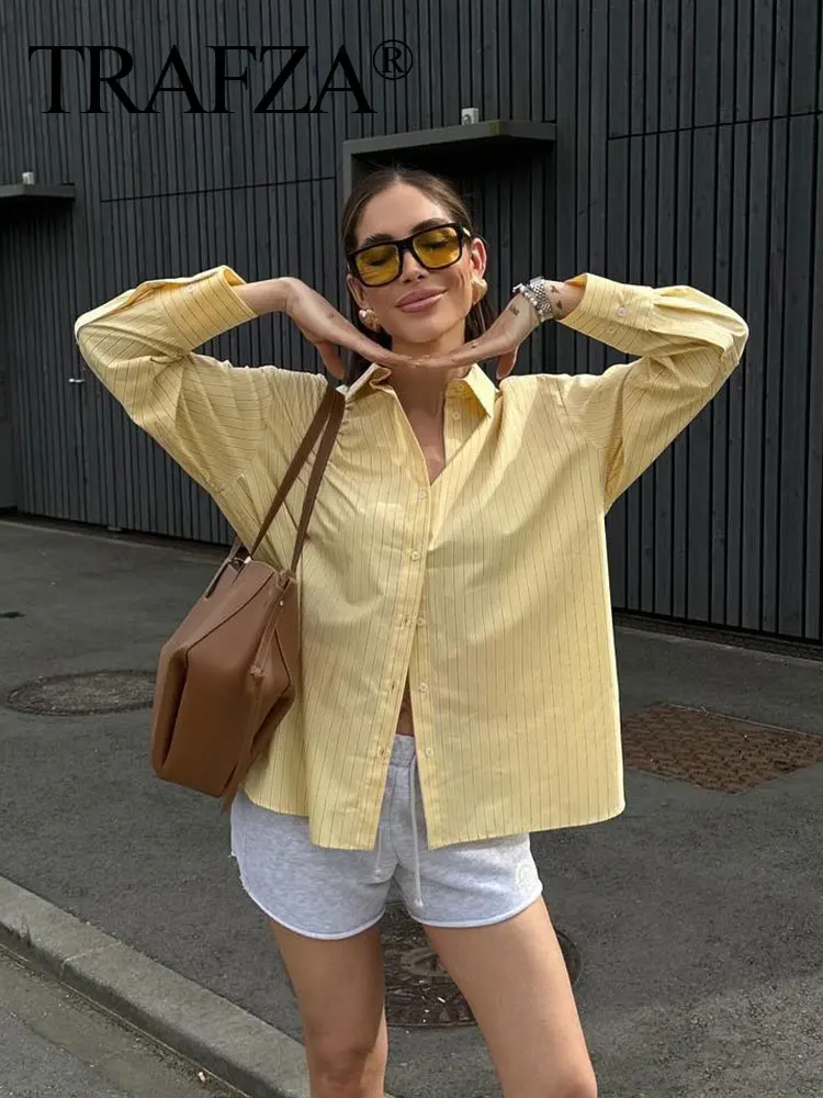 TRAFZA Women 2024 New Fashion Summer Yellow Striped Single Breasted Shirts Women\'s Casual Loose Lapel Long Sleeved Tops TRAF