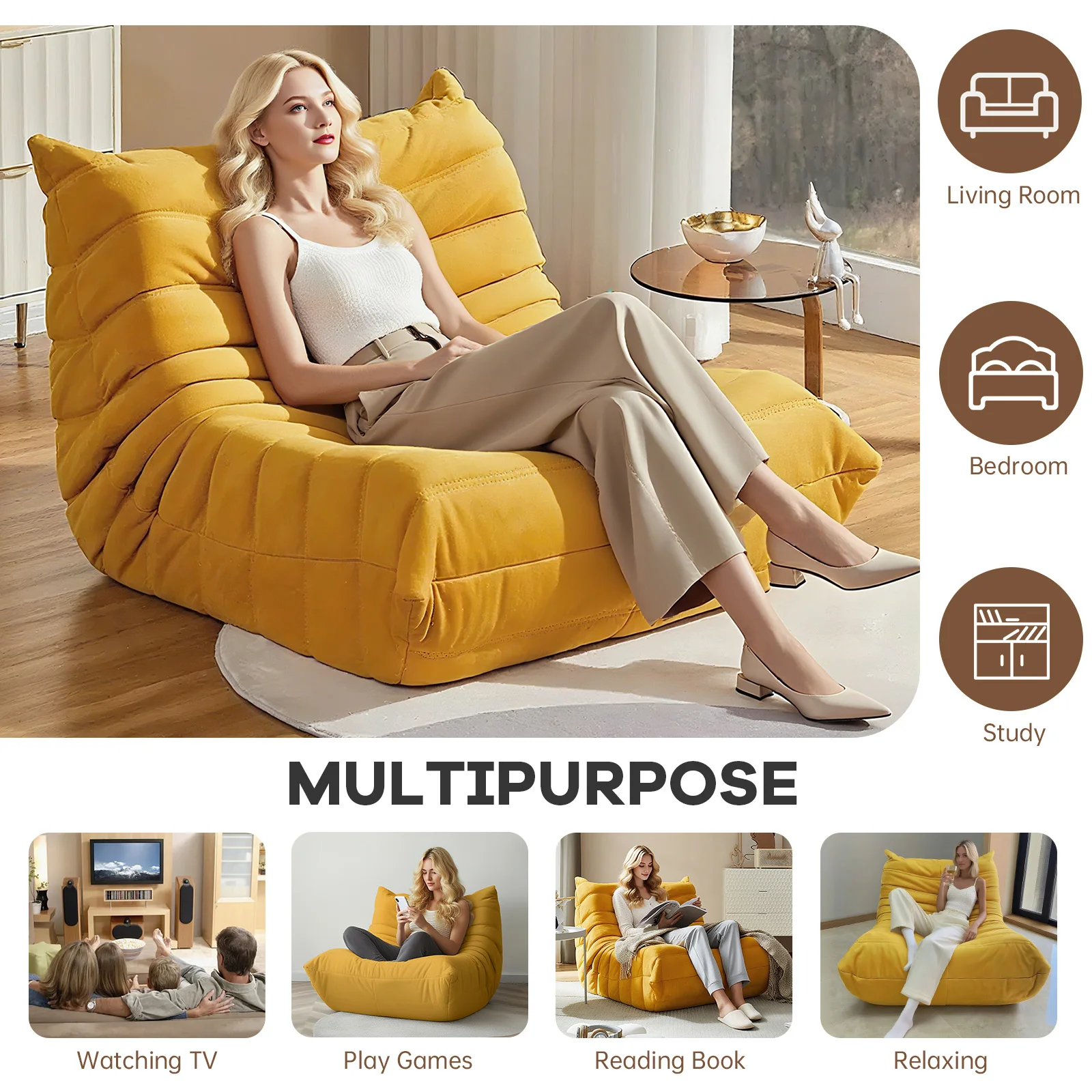 

Bean Bag Chairs for Adults, Sofa Adult Size with Soft Waterproof Fabric forLiving Room, Apartments, Reading Corner（Yellow