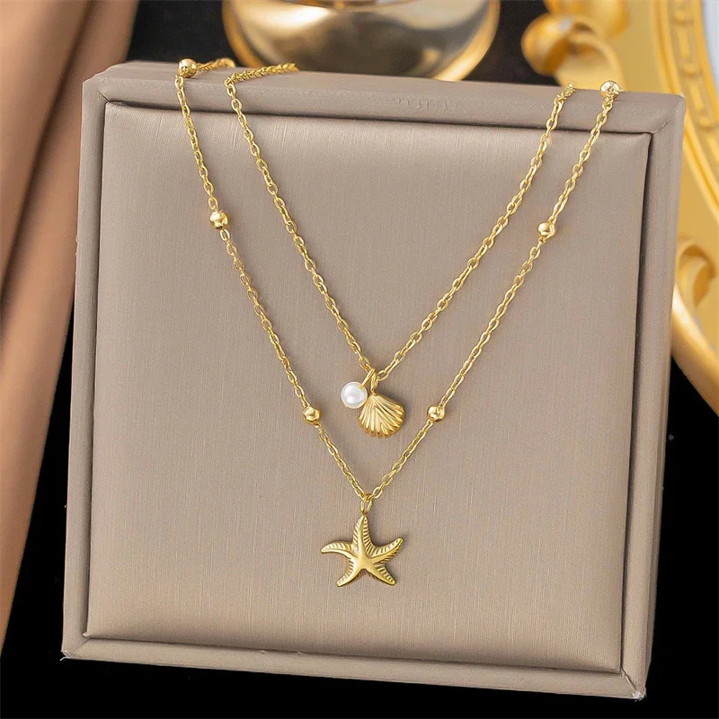 Europe and The United States Fashion Starfish Imitation Shell Pendant Necklace Ladies Personalized Trend Holiday Party Jewelry